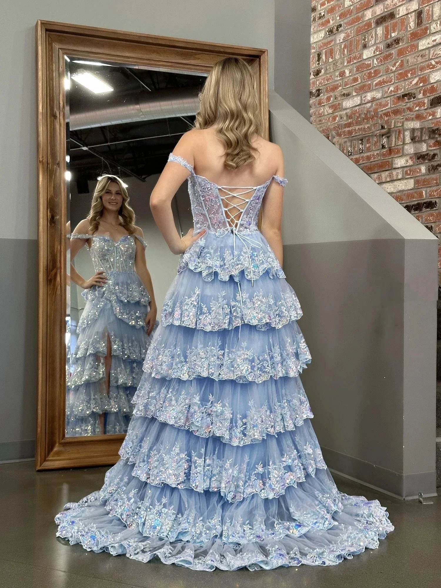 Capri | Blue Crystal Sequins Princess A Line Off the Shoulder Prom Dress with Lace Ruffles - Image 8
