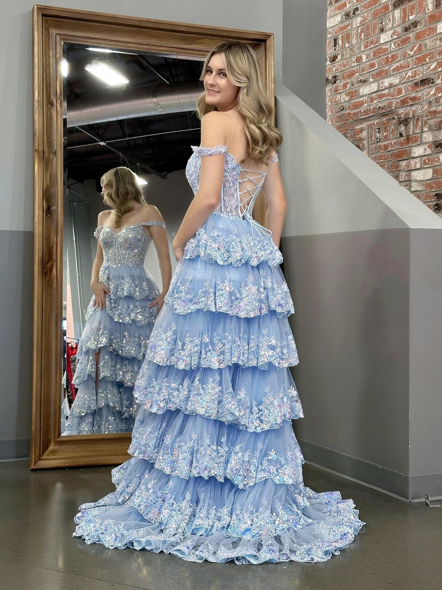 Capri | Blue Crystal Sequins Princess A Line Off the Shoulder Prom Dress with Lace Ruffles - Image 9