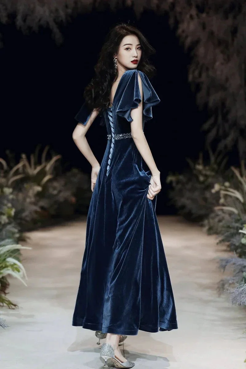 Blue evening dress custom made elegant dress sexy prom dress velvet dress custom made Y1172 - Image 2