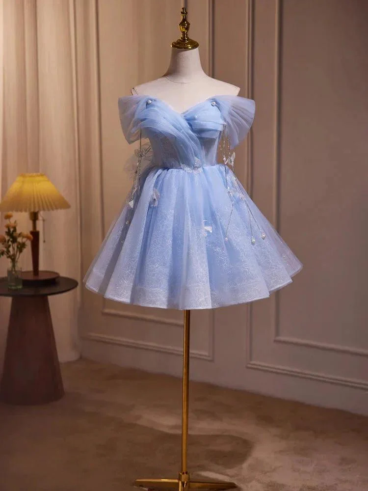 Blue Fairy Off the Shoulder Lace Short Homecoming Dresses - Image 2