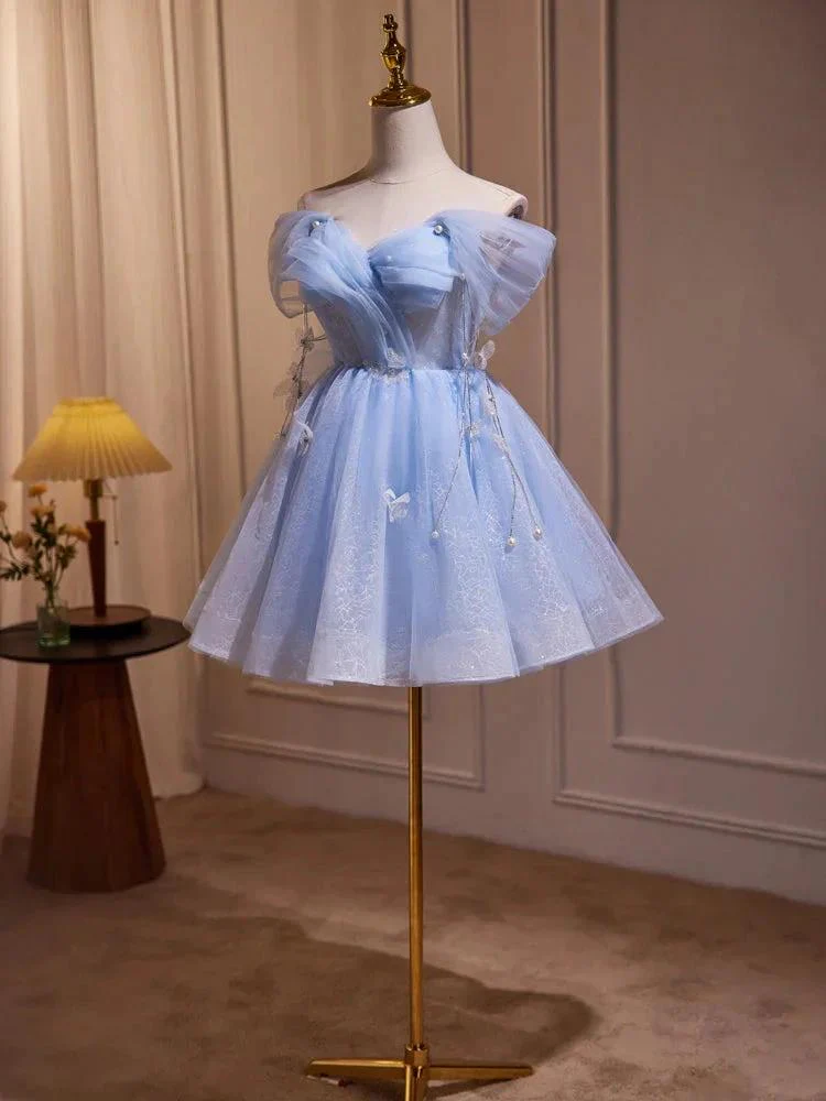 Blue Fairy Off the Shoulder Lace Short Homecoming Dresses - Image 3