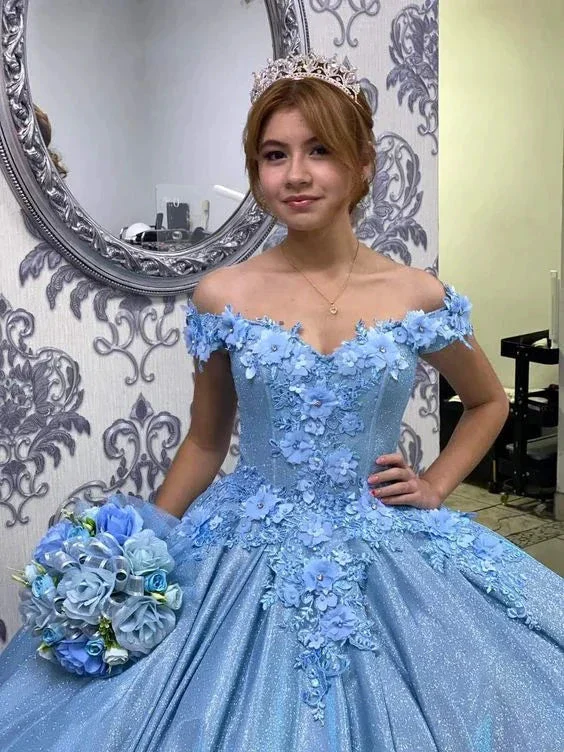 Blue Floral Applique Sweetheart Puffy Ball Gown Sweet 16 Dress Y6078 - Image 2