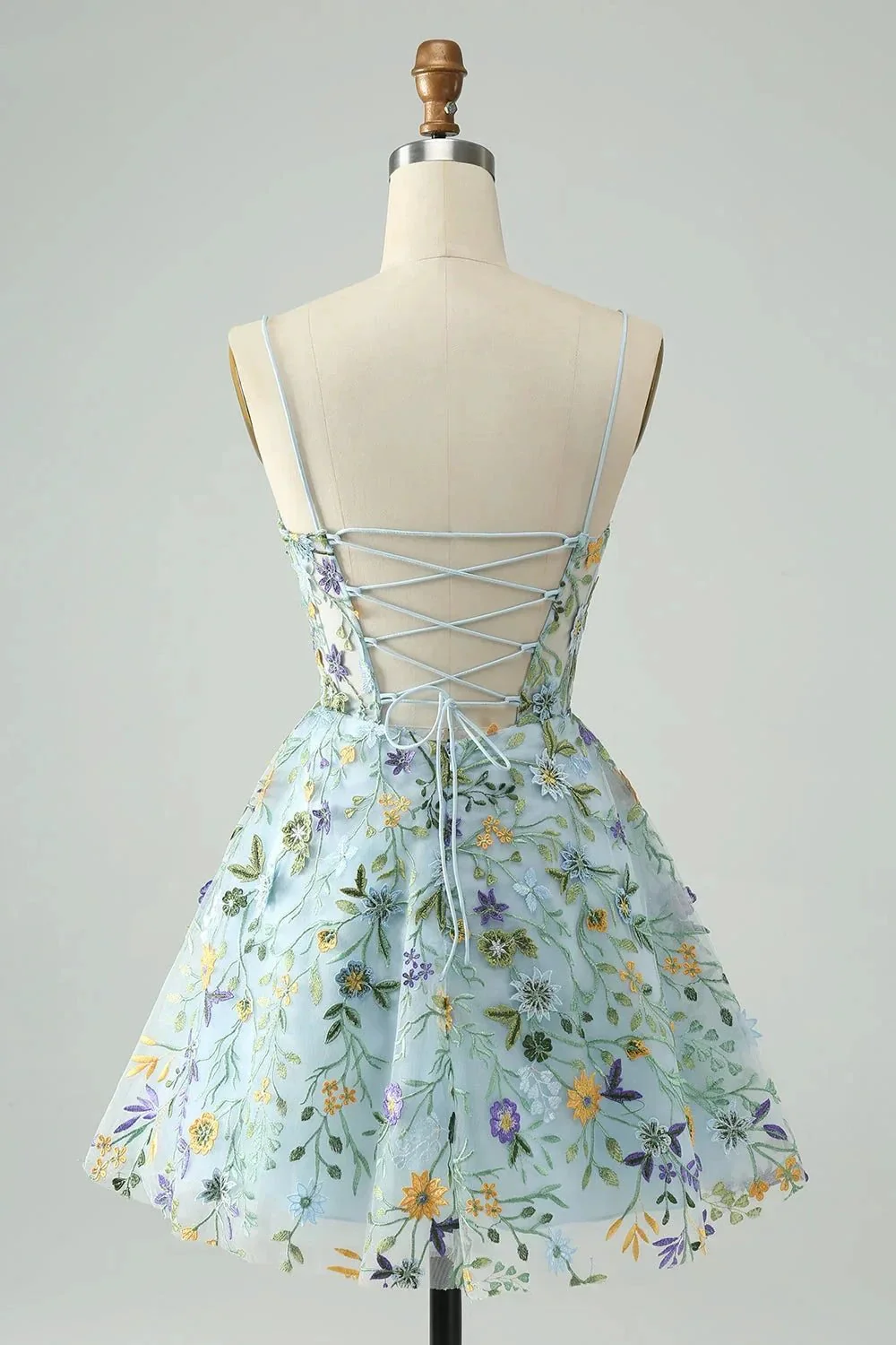 Blue Flower A Line Spaghetti Straps Corset Short Homecoming Dress with Embroidery - Image 2