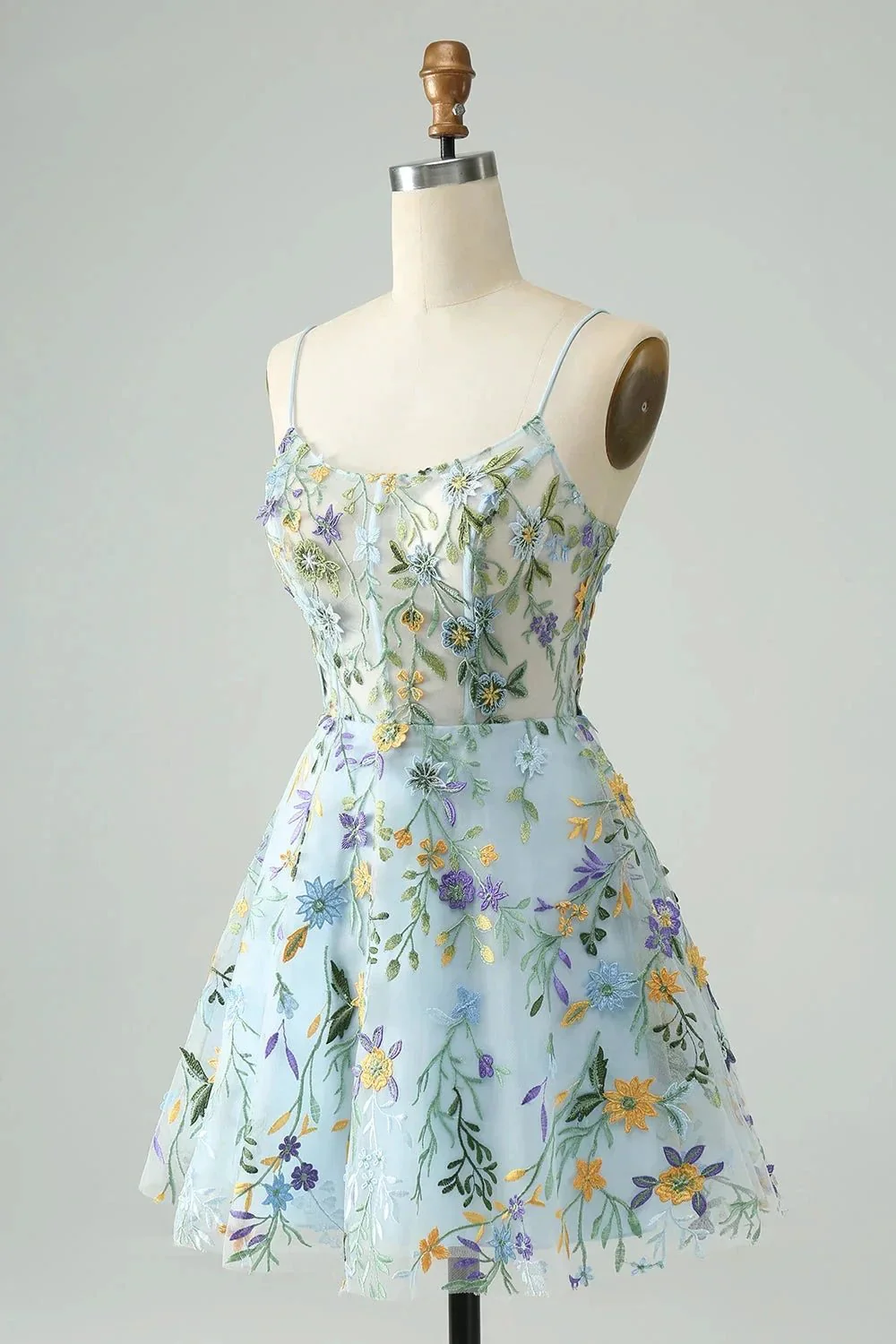 Blue Flower A Line Spaghetti Straps Corset Short Homecoming Dress with Embroidery - Image 3