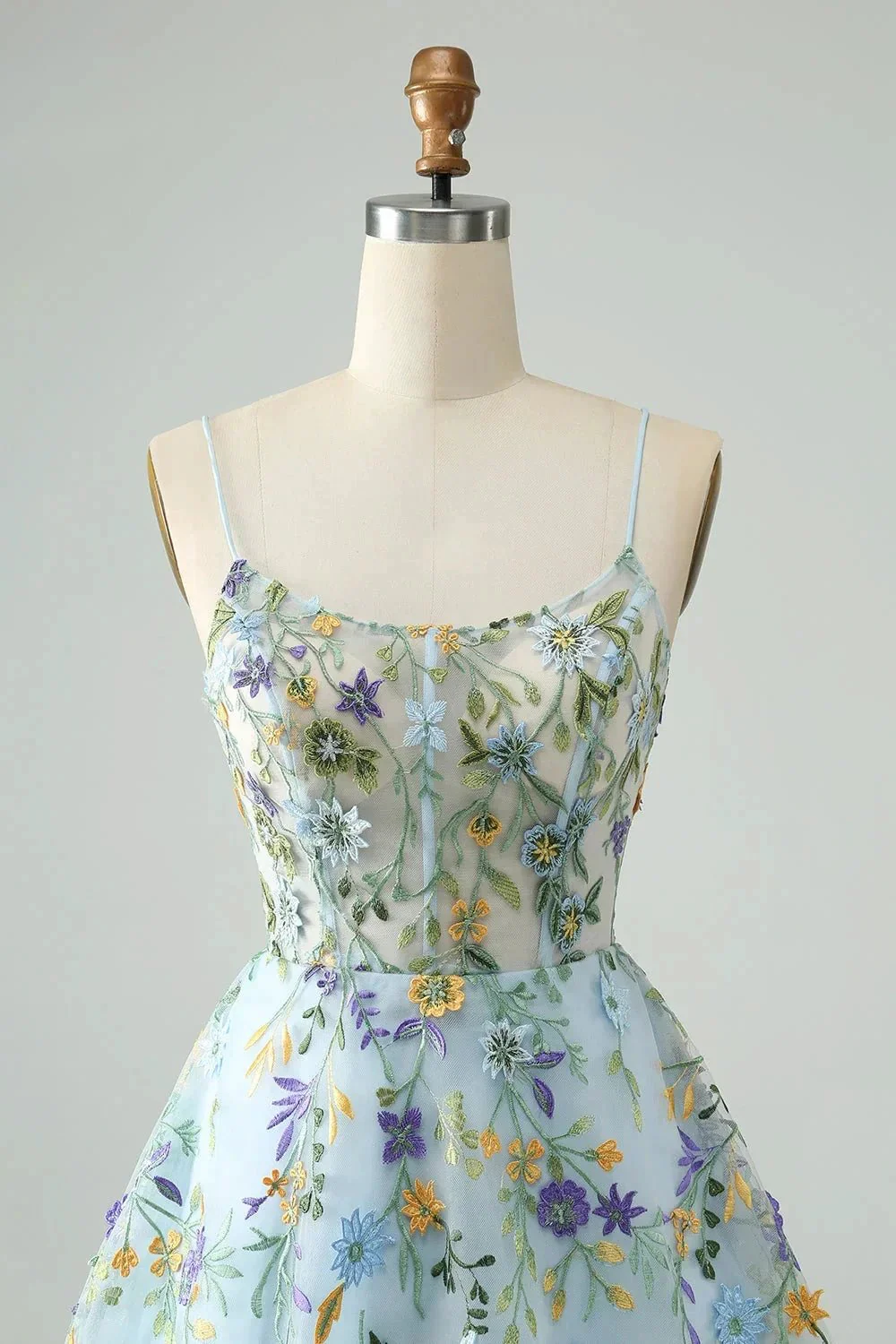 Blue Flower A Line Spaghetti Straps Corset Short Homecoming Dress with Embroidery - Image 4