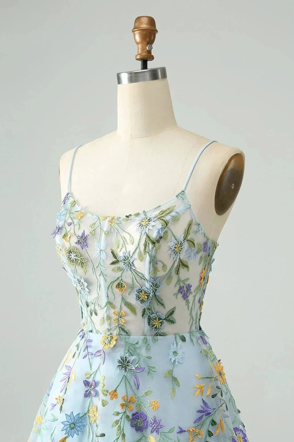Blue Flower A Line Spaghetti Straps Corset Short Homecoming Dress with Embroidery - Image 5