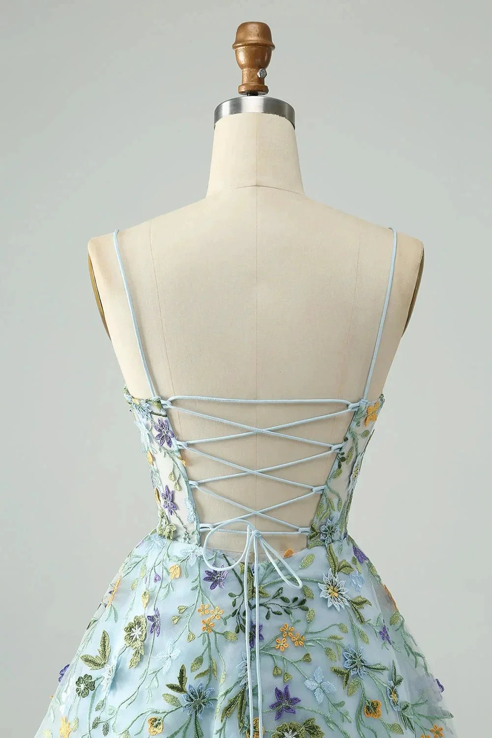 Blue Flower A Line Spaghetti Straps Corset Short Homecoming Dress with Embroidery - Image 6