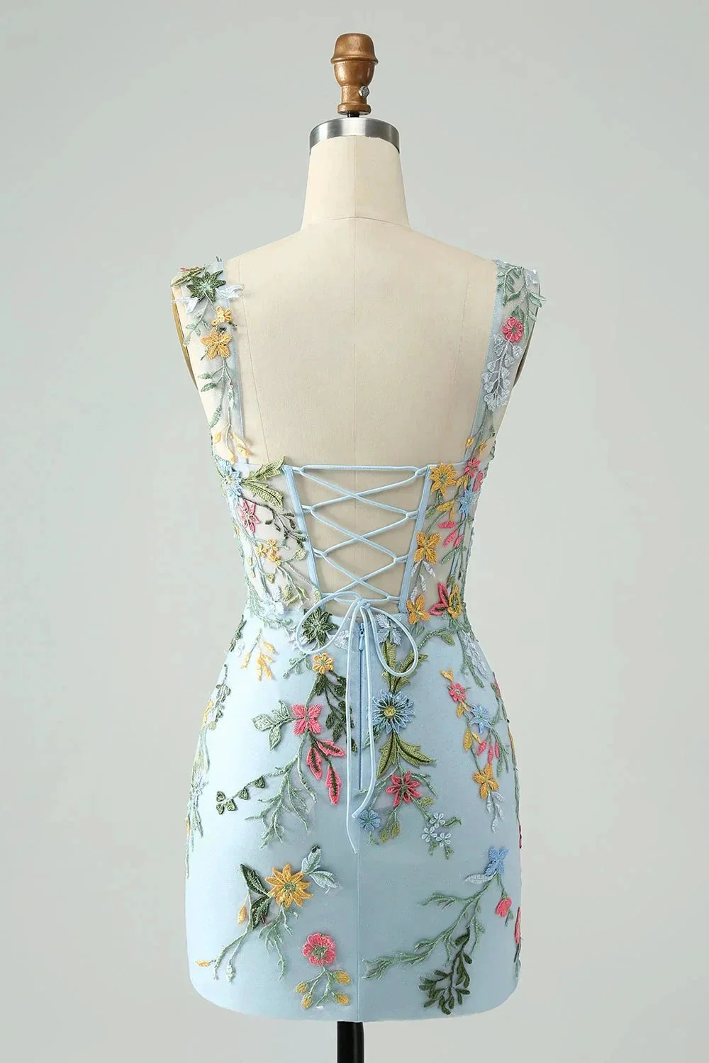 Blue Flower Mermaid Off The Shoulder Corset Short Homecoming Dress with Embroidery - Image 2