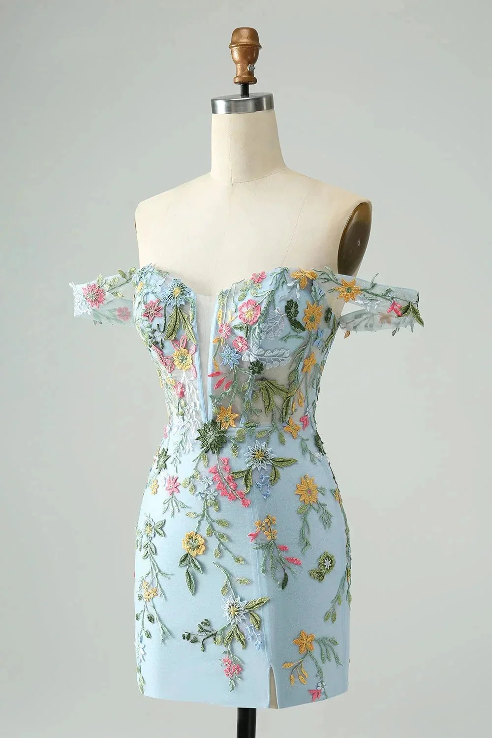 Blue Flower Mermaid Off The Shoulder Corset Short Homecoming Dress with Embroidery - Image 3