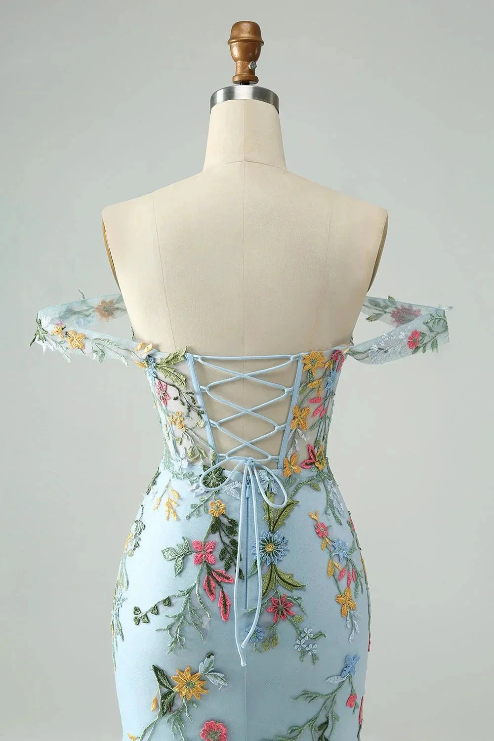 Blue Flower Mermaid Off The Shoulder Corset Short Homecoming Dress with Embroidery - Image 6