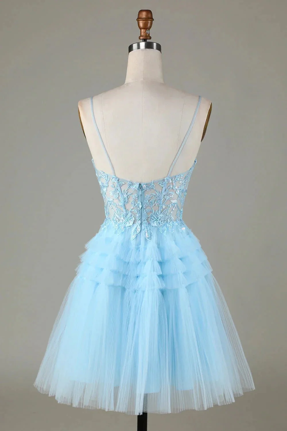 Cute A Line Spaghetti Straps Glitter Blue Short Homecoming Dress with Appliques - Image 2