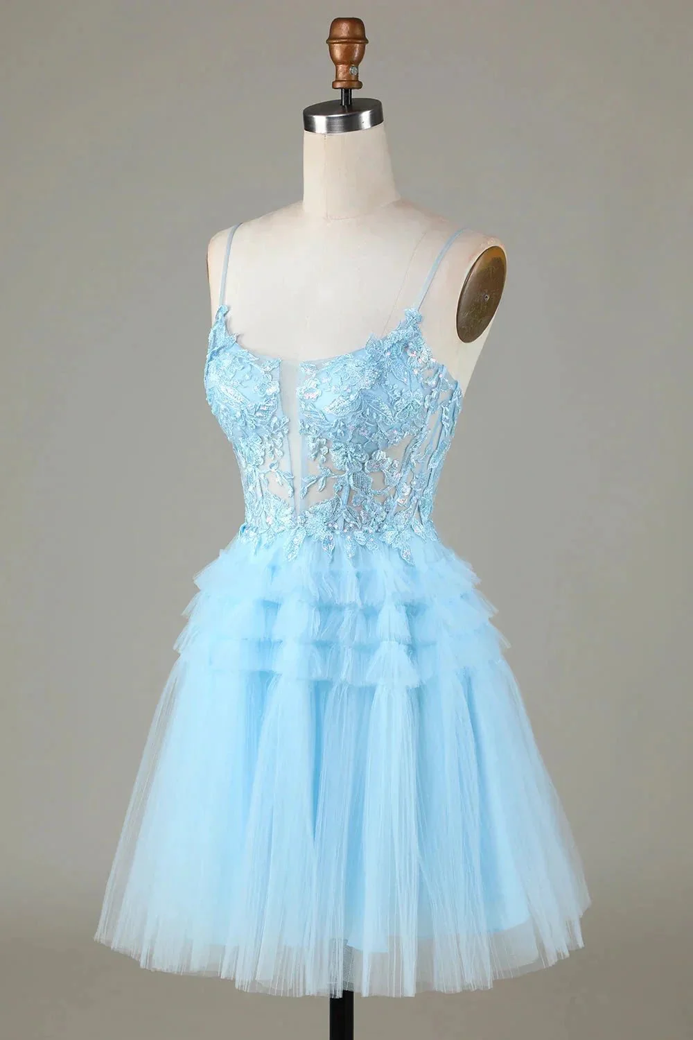 Cute A Line Spaghetti Straps Glitter Blue Short Homecoming Dress with Appliques - Image 3