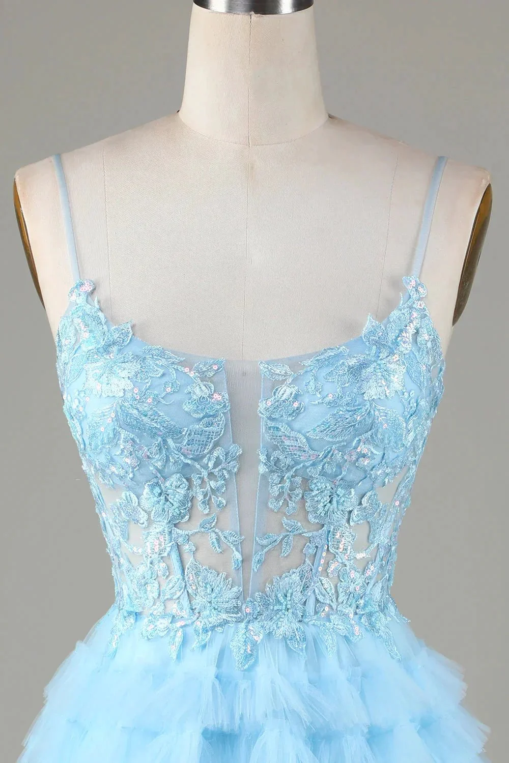 Cute A Line Spaghetti Straps Glitter Blue Short Homecoming Dress with Appliques - Image 4