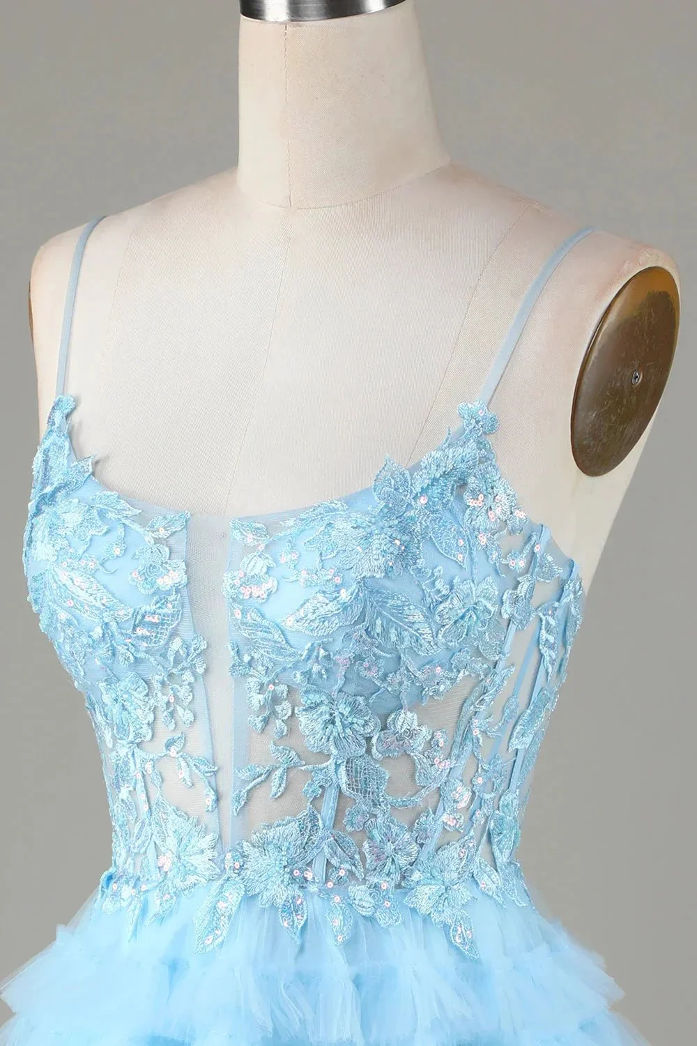 Cute A Line Spaghetti Straps Glitter Blue Short Homecoming Dress with Appliques - Image 5