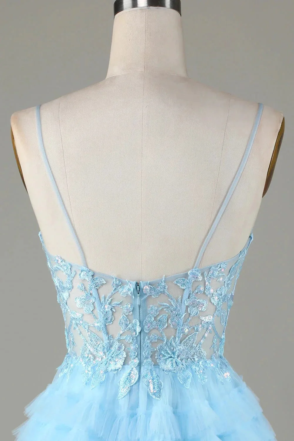 Cute A Line Spaghetti Straps Glitter Blue Short Homecoming Dress with Appliques - Image 6