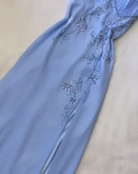 Blue Halter A Line Long Prom Dress Chic Beeaded Formal Party Dress Evening Gown Y7562 - Image 2