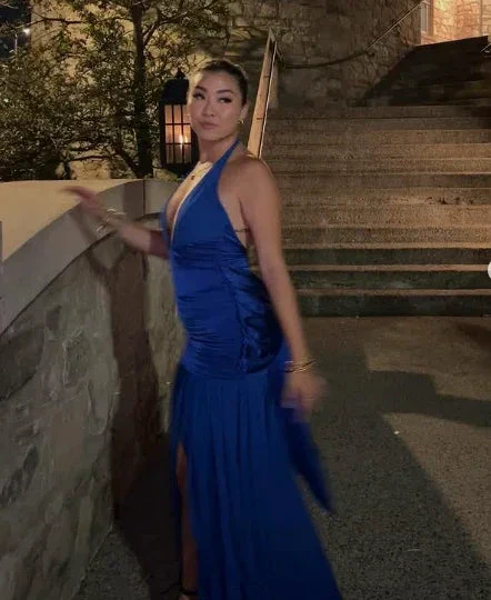 Blue Halter Slit Satin Evening Dress Formal Prom Dress Y7863 - Image 2