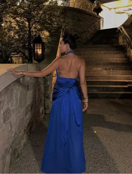 Blue Halter Slit Satin Evening Dress Formal Prom Dress Y7863 - Image 3