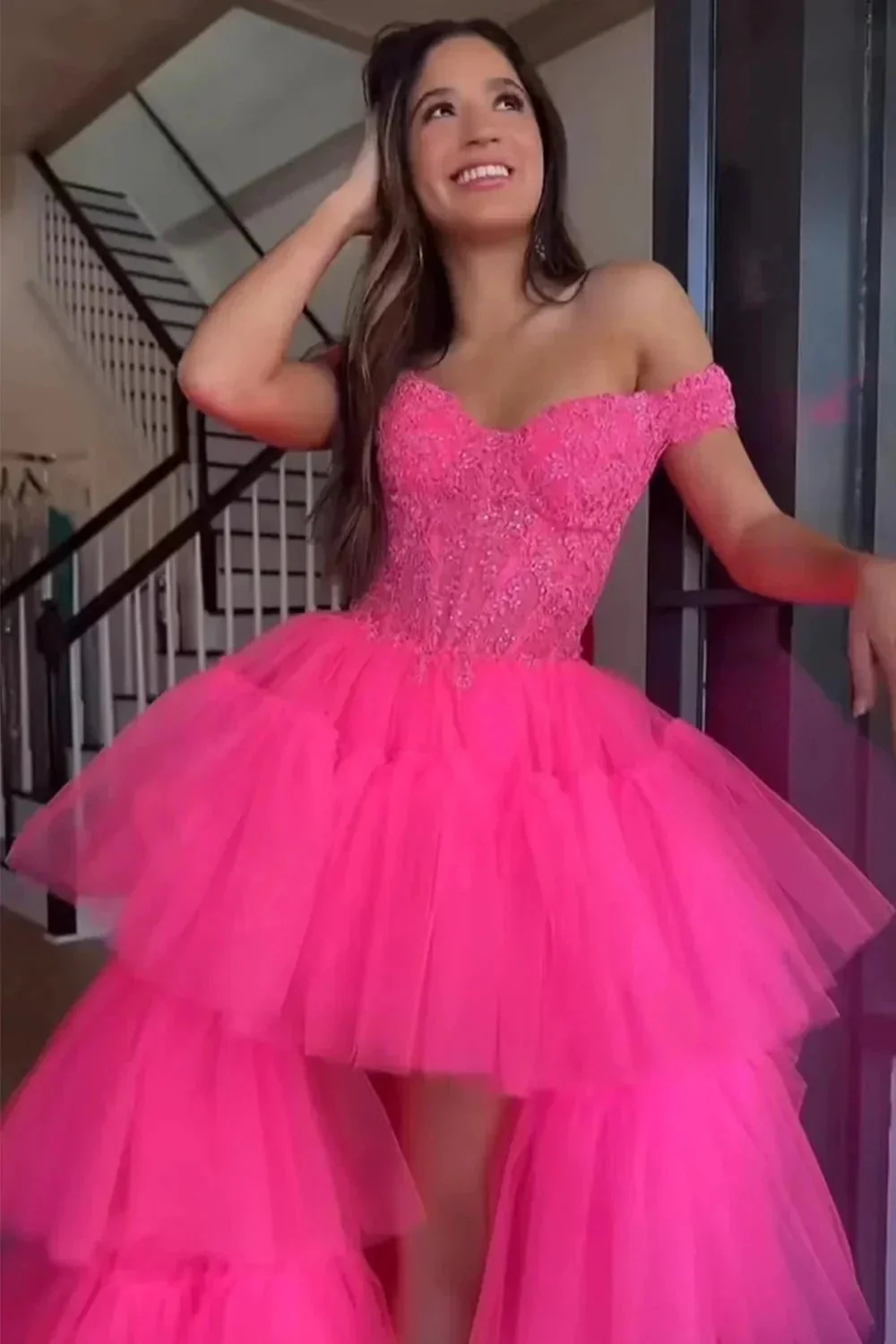 Bette | Blue High Low Homecoming Prom Dress with Lace - Image 4