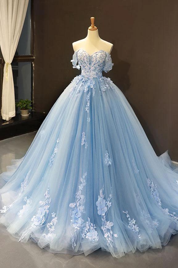 Blue lace applique elegant off the shoulder ball gown Y1578 - Image 2