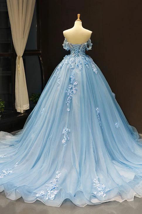 Blue lace applique elegant off the shoulder ball gown Y1578 - Image 3