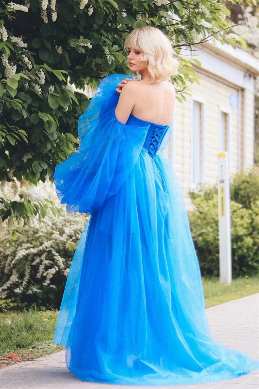 Blue Lace Applique Illusion Sleeves Tulle Long Prom Dress with Slit PSK468 - Image 2
