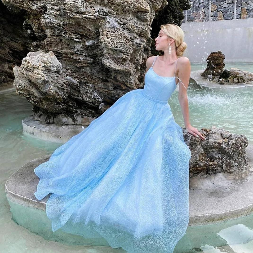Blue Long A-line Backless Tulle Sequins Backless Prom Dress - Image 2