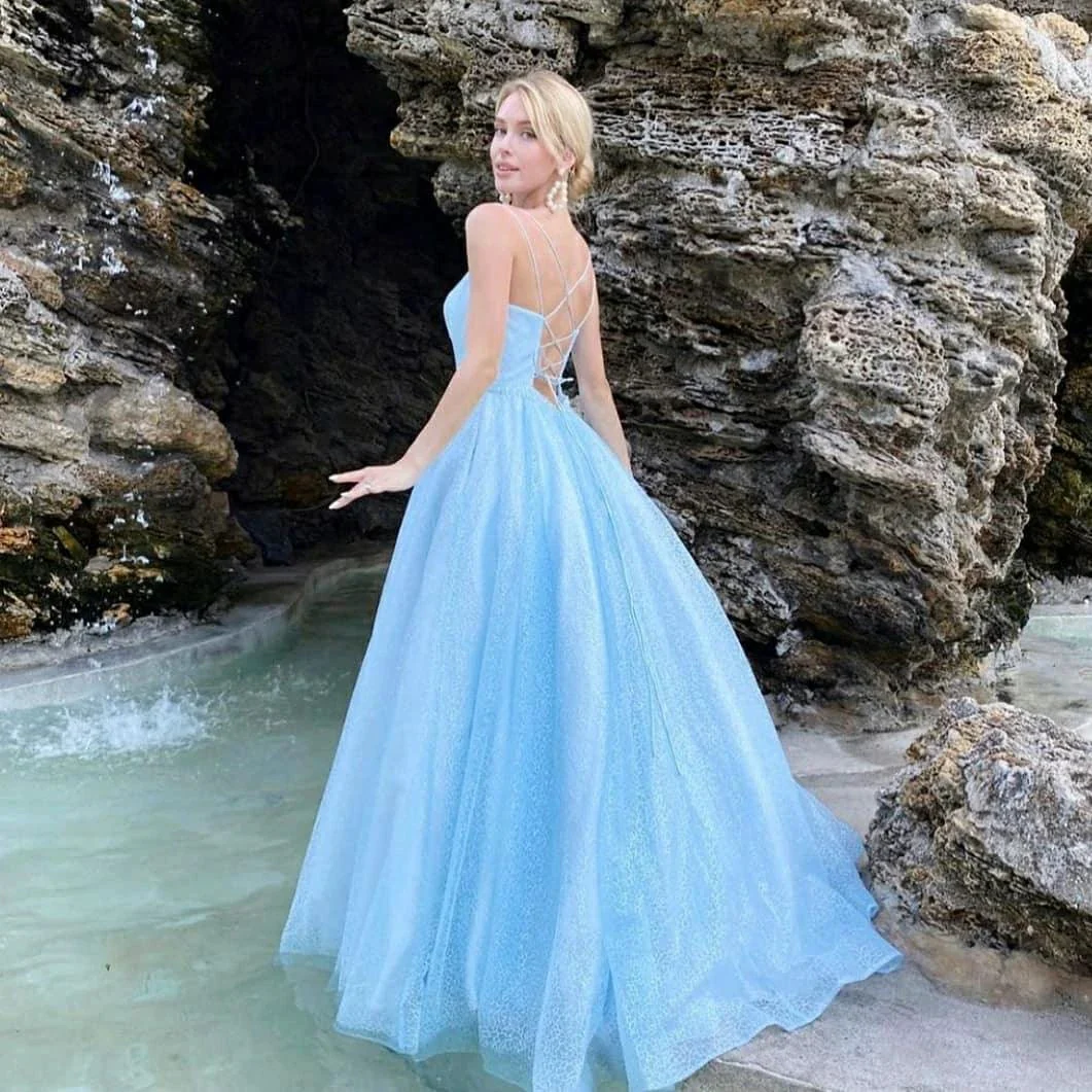 Blue Long A-line Backless Tulle Sequins Backless Prom Dress - Image 3