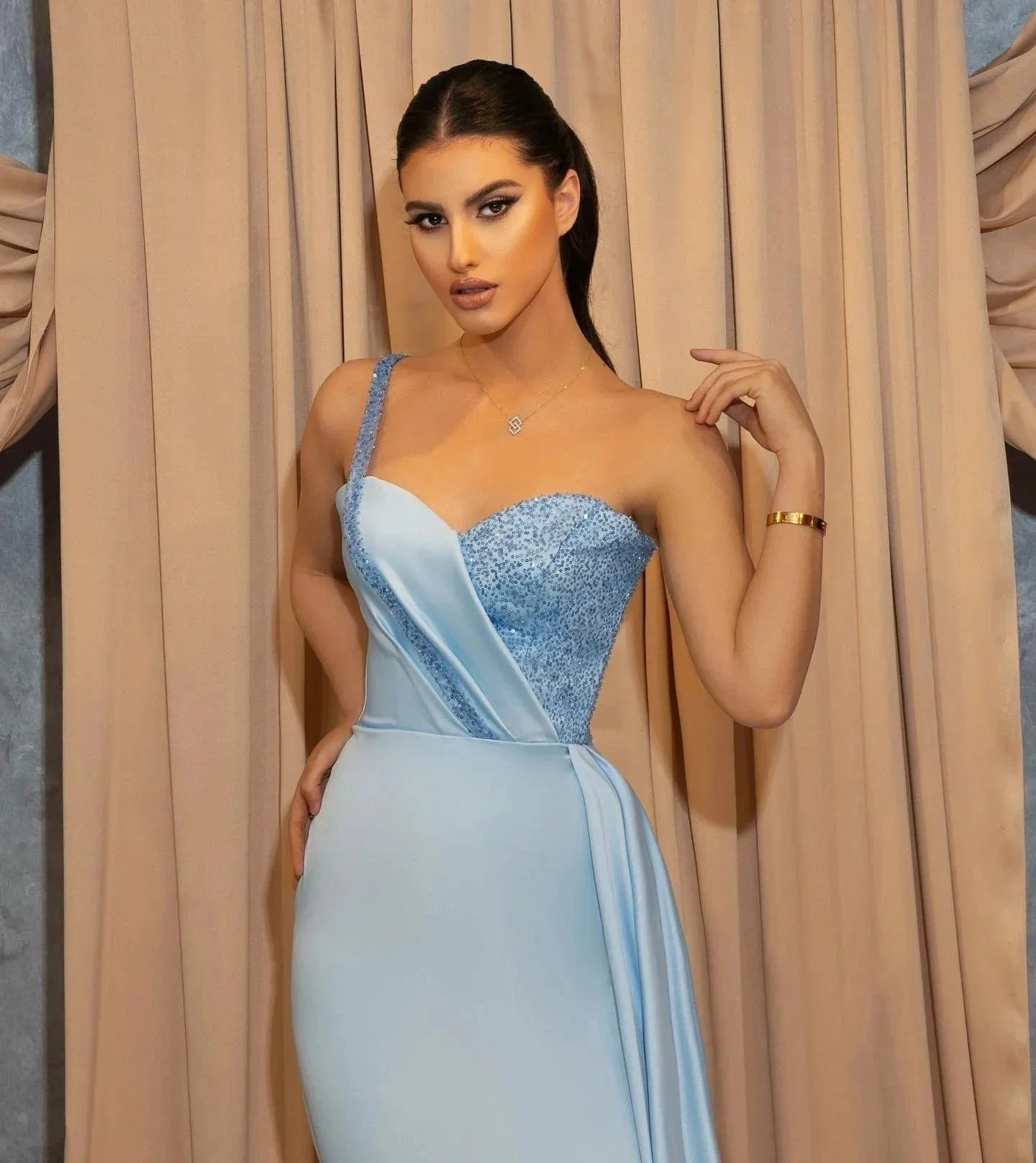 Blue Long A-Line One Shoulder Sweetheart Prom Dress With Slit - Image 2