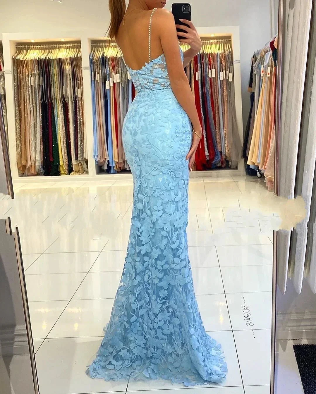 Blue Long V-neck Open Back Lace Mermaid Prom Dress with slit - Image 5