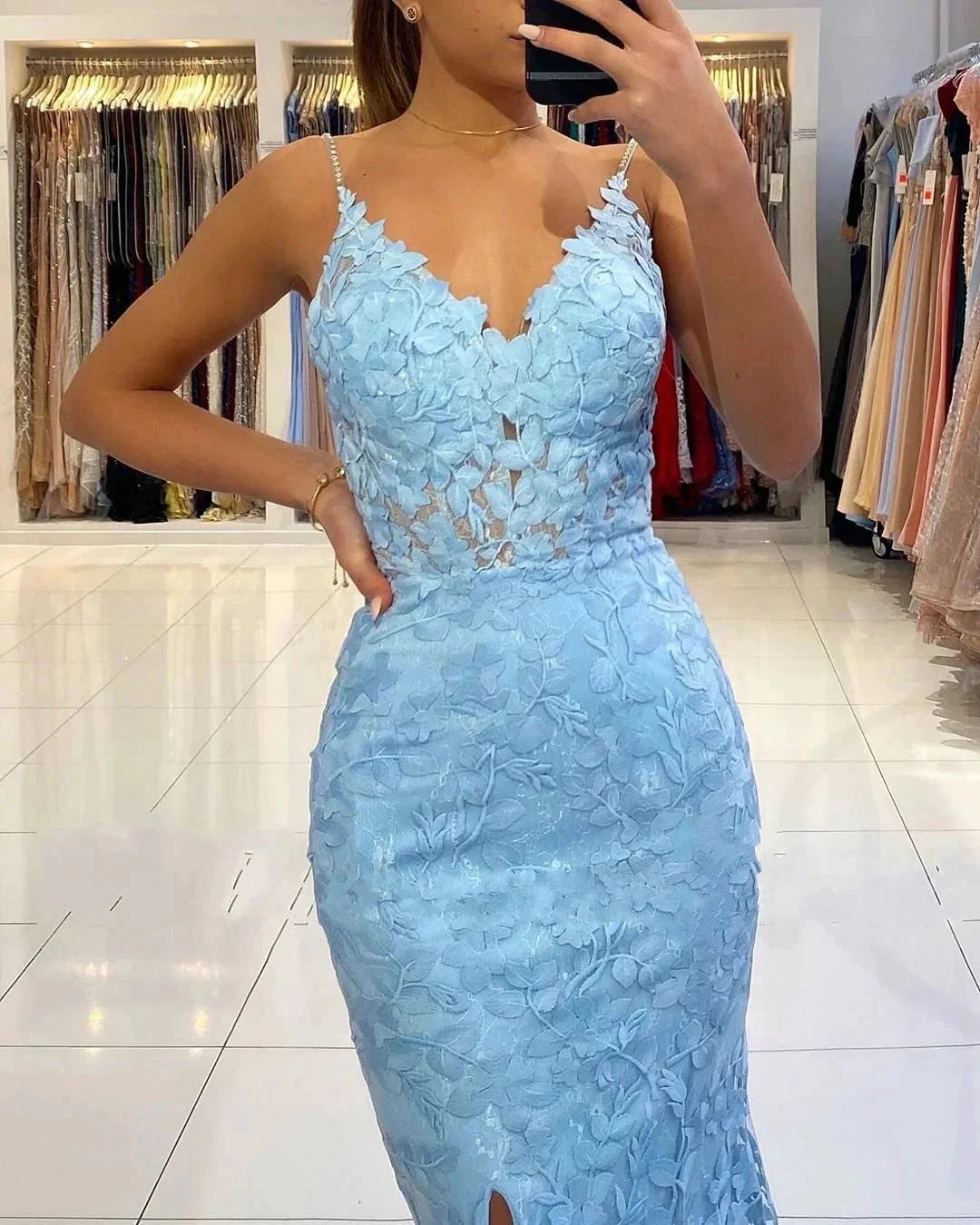 Blue Long V-neck Open Back Lace Mermaid Prom Dress with slit - Image 6