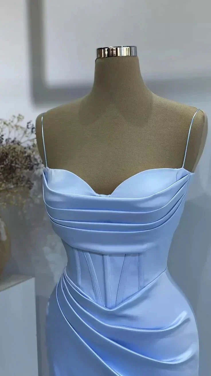 Blue Mermaid Long Evening Dresses Satin Spaghetti Strap Pleated Prom Gowns Women Wedding Party Gown Y4563 - Image 2
