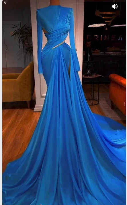 Blue Mermaid Long Sleeves Evening Dress Pageant Dress Y845 - Image 2
