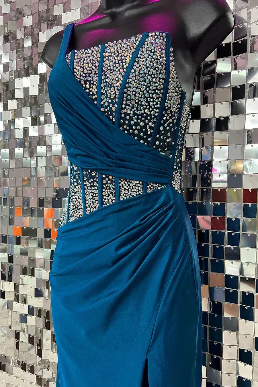 Laylani | Blue Mermaid One Shoulder Long Prom Dresses with Beaded - Image 2