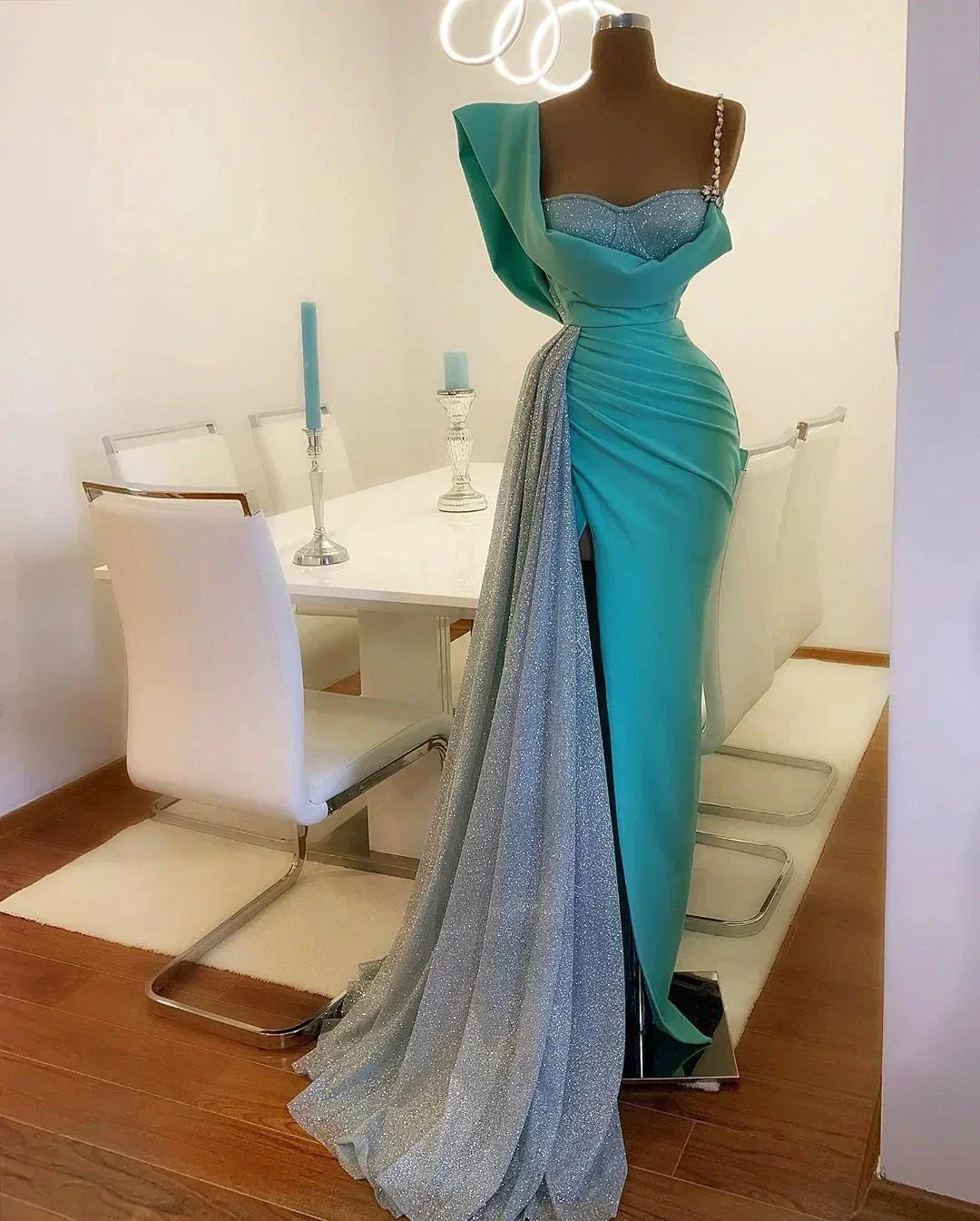 Blue Mermaid Prom Dresses With High Side Split Glitter Satin Real Image Sweep Train robe de soirée de mariage Evening Dress Y57 - Image 2