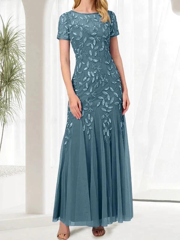Blue Mermaid Round Neck Long Mother of the Bride Dress With Beadings - Image 12