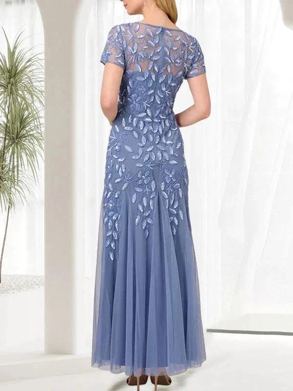 Blue Mermaid Round Neck Long Mother of the Bride Dress With Beadings - Image 2