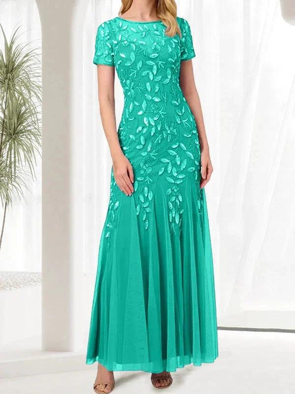 Blue Mermaid Round Neck Long Mother of the Bride Dress With Beadings - Image 27