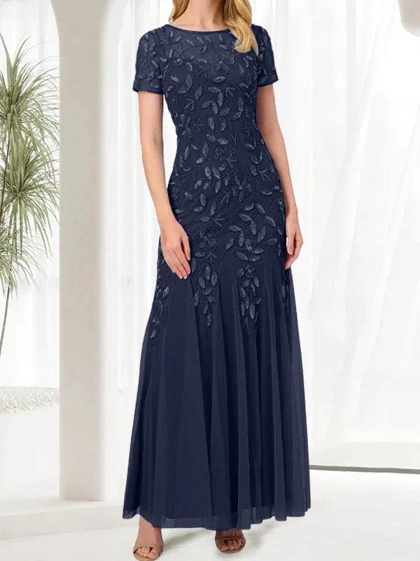 Blue Mermaid Round Neck Long Mother of the Bride Dress With Beadings - Image 28
