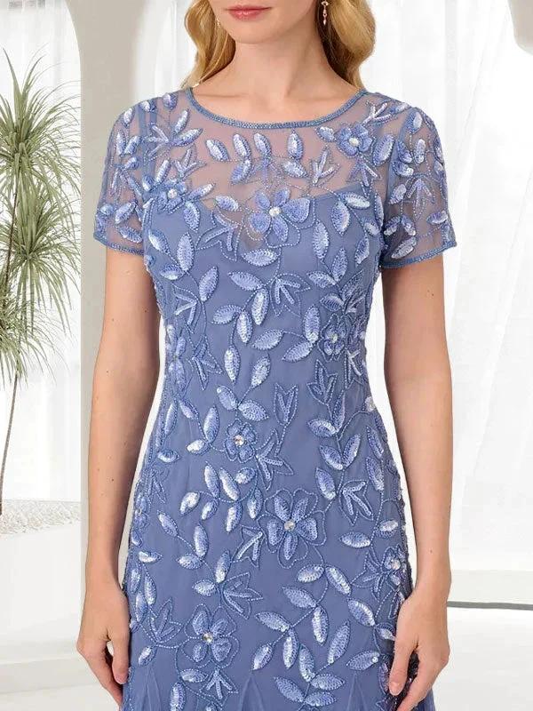 Blue Mermaid Round Neck Long Mother of the Bride Dress With Beadings - Image 3