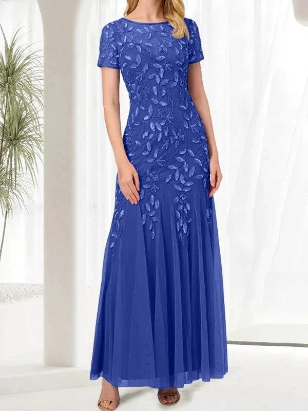 Blue Mermaid Round Neck Long Mother of the Bride Dress With Beadings - Image 35