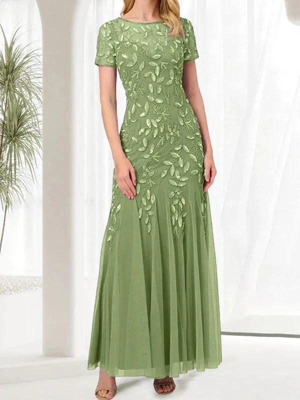 Blue Mermaid Round Neck Long Mother of the Bride Dress With Beadings - Image 36