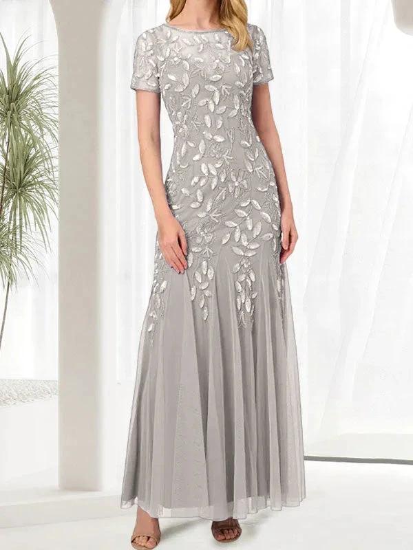 Blue Mermaid Round Neck Long Mother of the Bride Dress With Beadings - Image 37