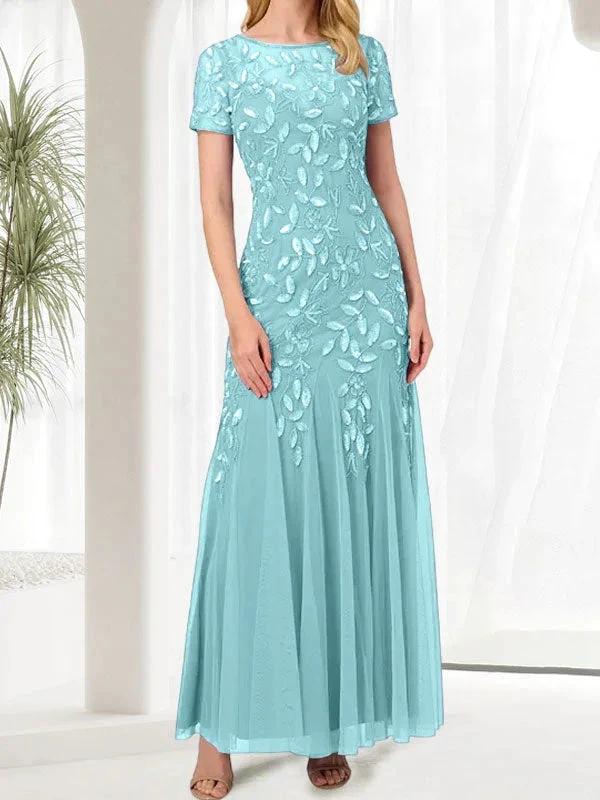 Blue Mermaid Round Neck Long Mother of the Bride Dress With Beadings - Image 38