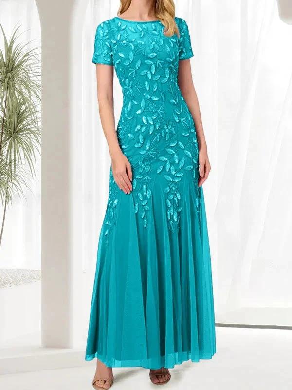 Blue Mermaid Round Neck Long Mother of the Bride Dress With Beadings - Image 39