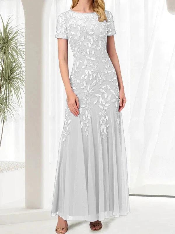 Blue Mermaid Round Neck Long Mother of the Bride Dress With Beadings - Image 40
