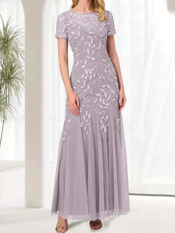 Blue Mermaid Round Neck Long Mother of the Bride Dress With Beadings - Image 42
