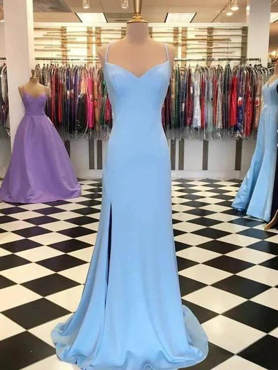 Blue Mermaid Satin Long Prom Dress With Side Slit,Elegant Blue Evening Dress Y687 - Image 2