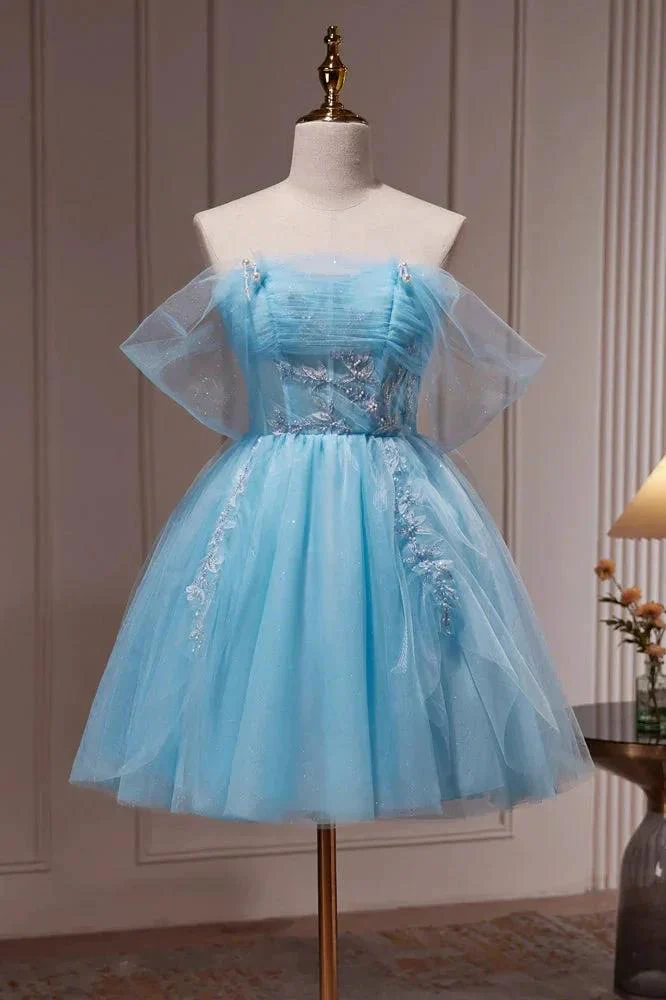 Blue Off The Shoulder Beading Appliques Tulle Short Homecoming Dresses - Image 2
