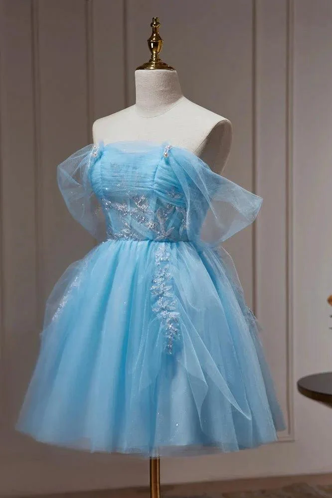 Blue Off The Shoulder Beading Appliques Tulle Short Homecoming Dresses - Image 3